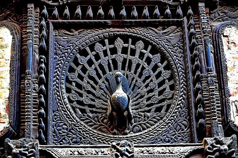 The Peacock Window: a carved wooden window with a peacock spreading its tail in a circle