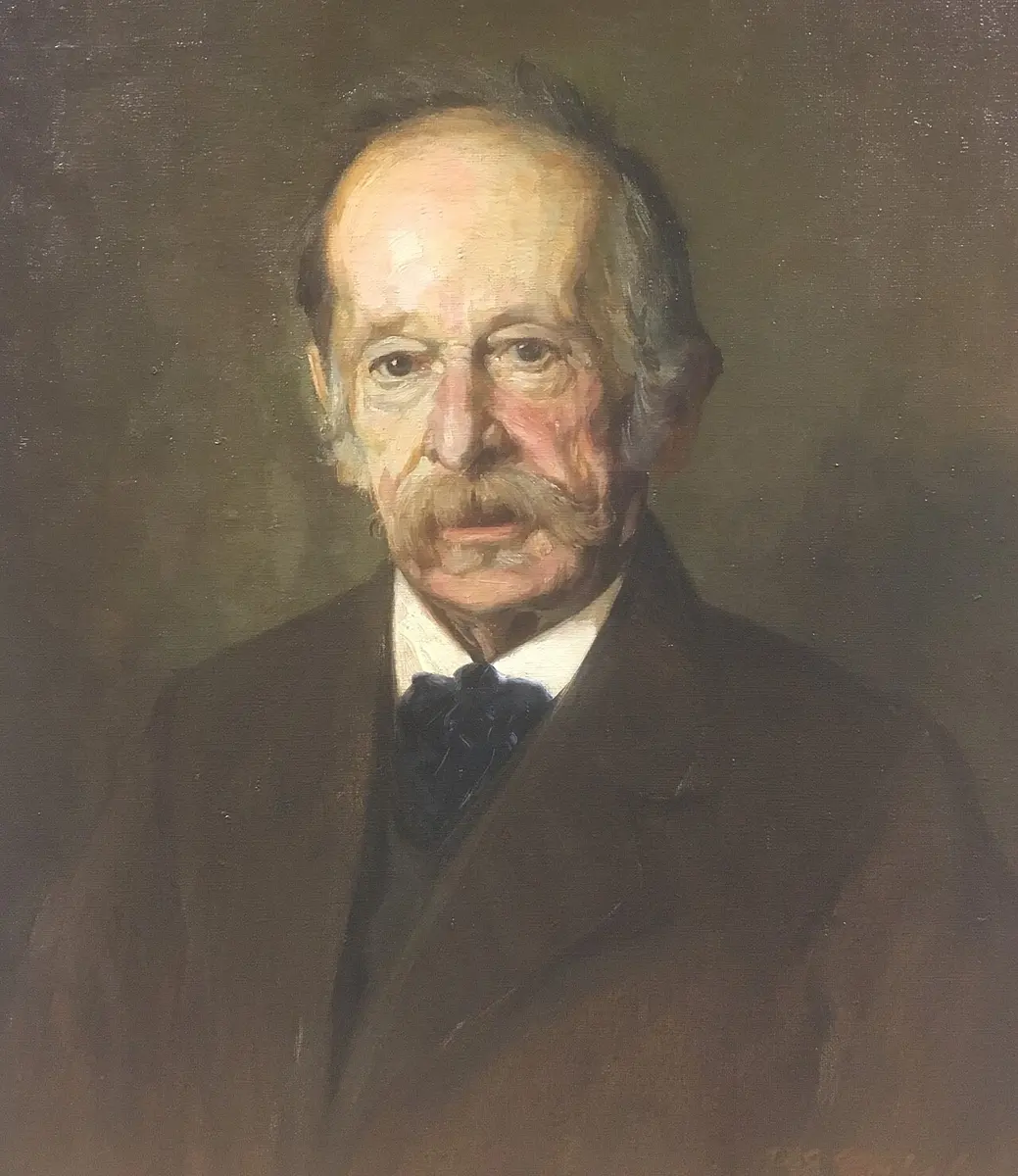 A painted portrait of an old man with gray hair, a large gray mustache, a dark coat and a dark bow tie