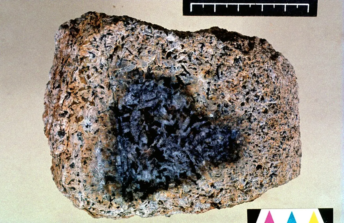 A rough lump of pale, pinkish-brown speckled rock with a dark gray-blue patch in the middle, beside a ruler