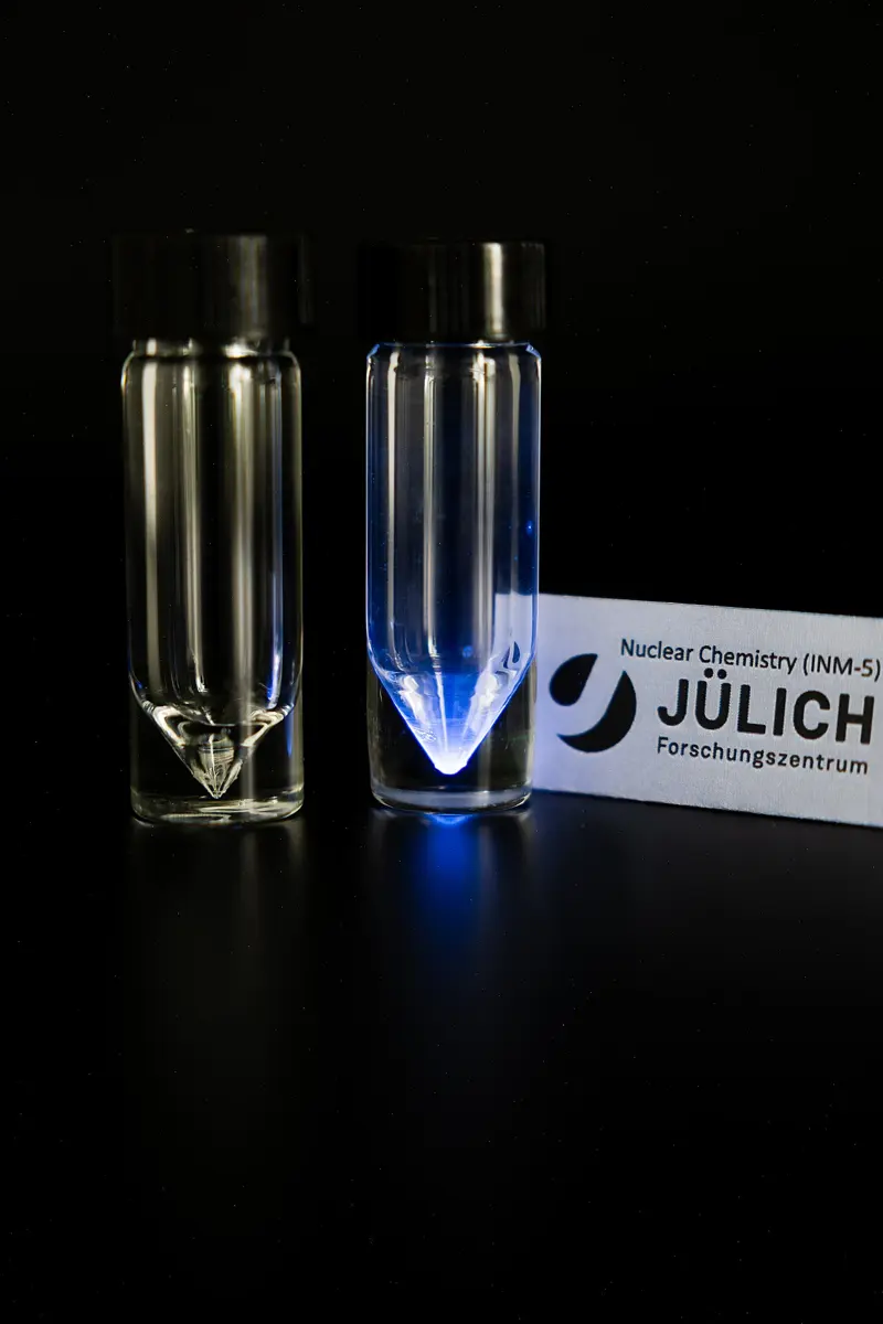 Two small glass vials on a black background: the left one empty and clear, the right one glowing blue at its pointed bottom, beside a card reading Nuclear Chemistry, Jülich Forschungszentrum