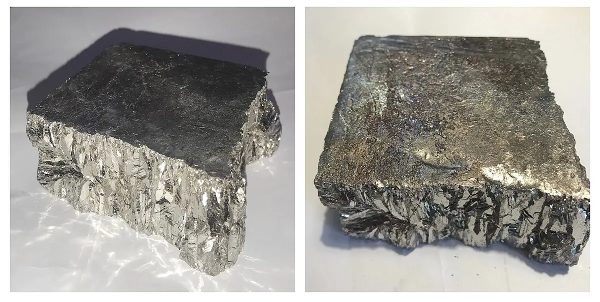 Two views of a broken block of gray metal: the top is smooth and dull, the broken side is made of many shiny, angular crystal faces