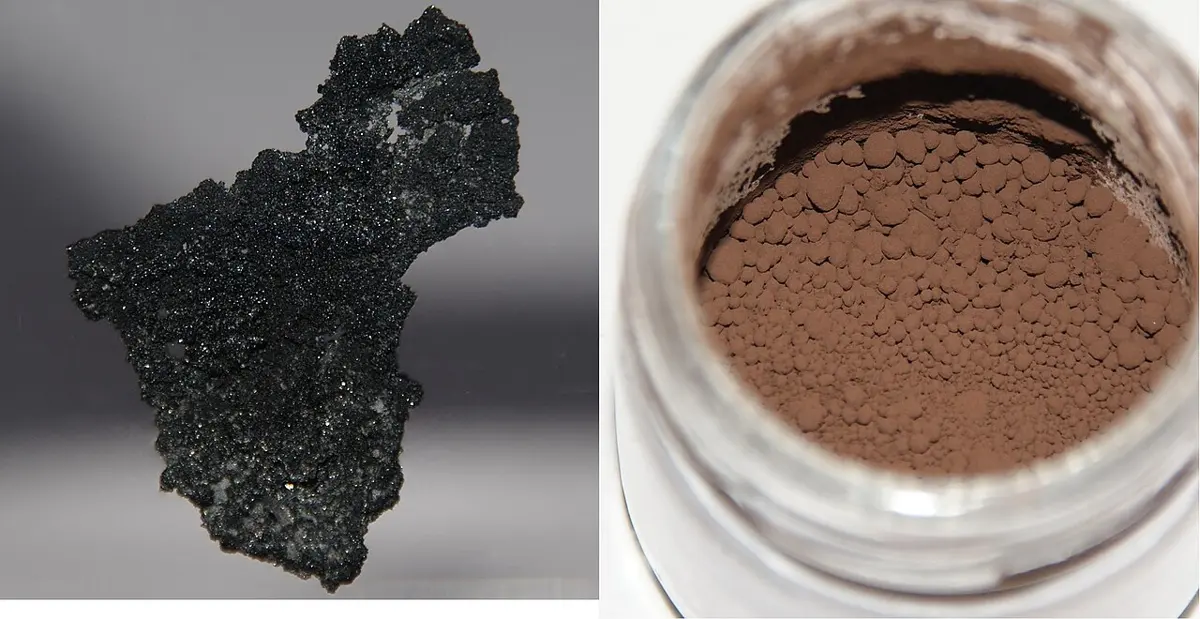 Left, a black, glittering, rough lump; right, a small glass jar full of dull brown powder