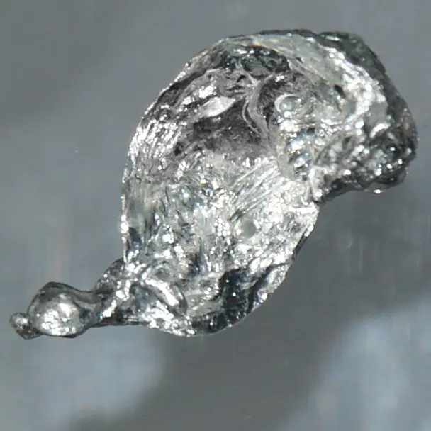 A small, shiny, silvery lump of metal with a crinkled surface and a short tail at one end, on a gray background