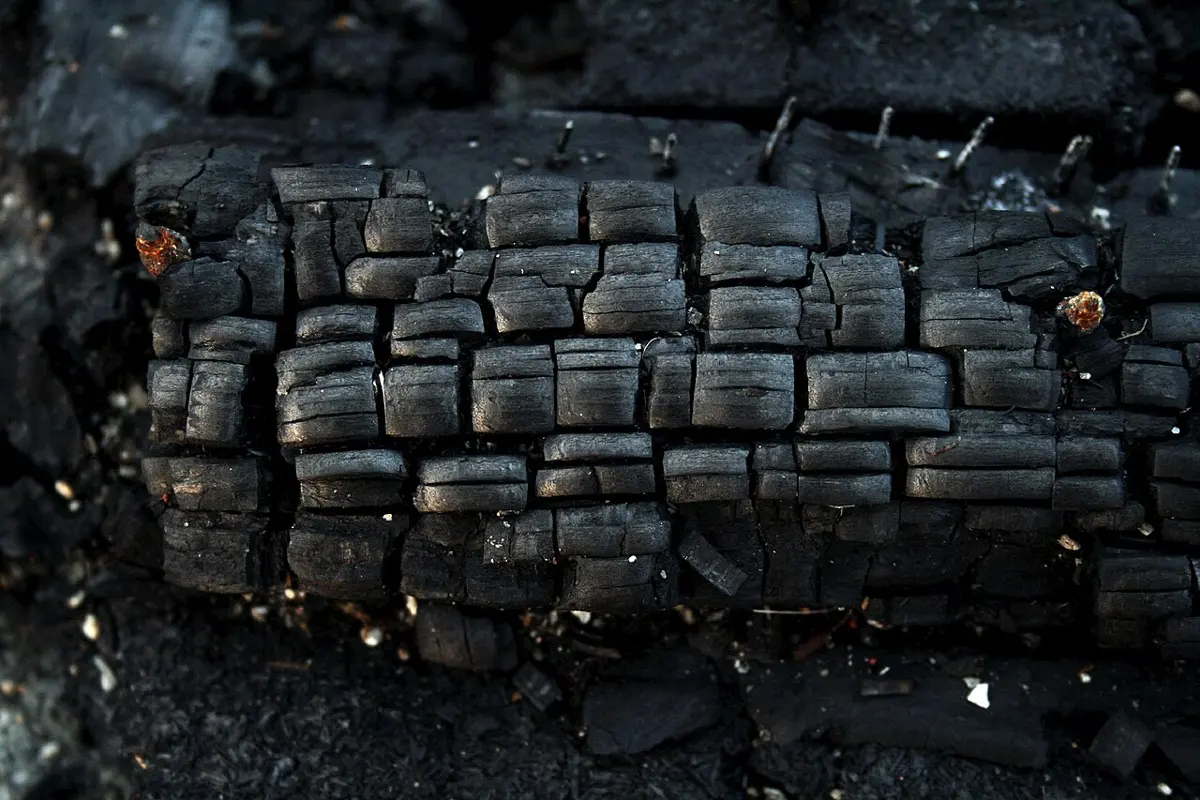 A black lump of charcoal with a cracked, blocky surface, still showing the shape of the wood it was made from