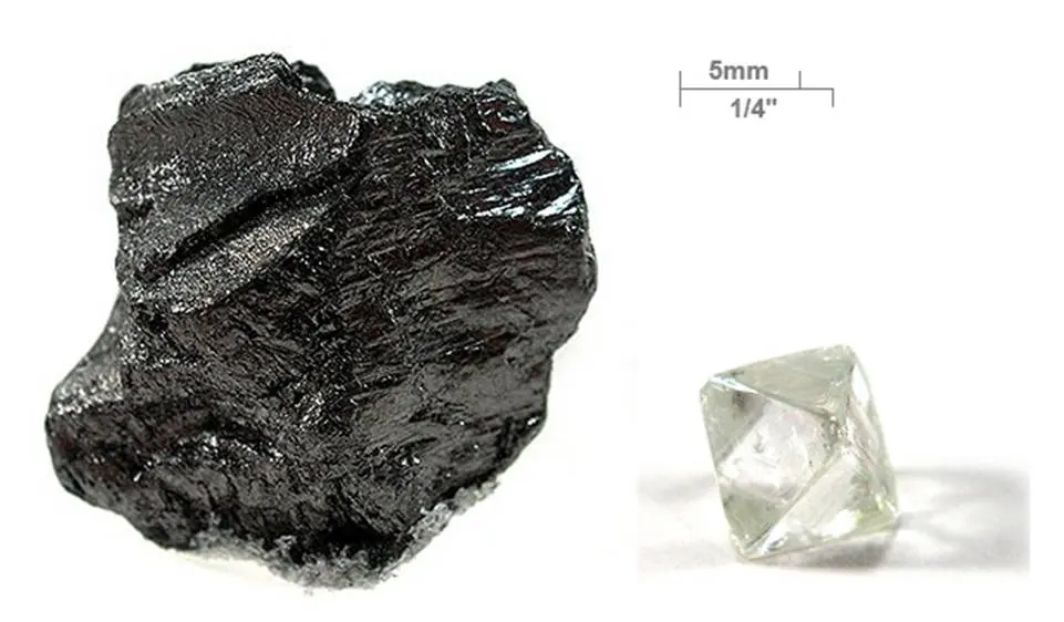 Left, a shiny black, flaky lump; right, a small clear crystal shaped like two pyramids base to base, with a 5 mm scale bar