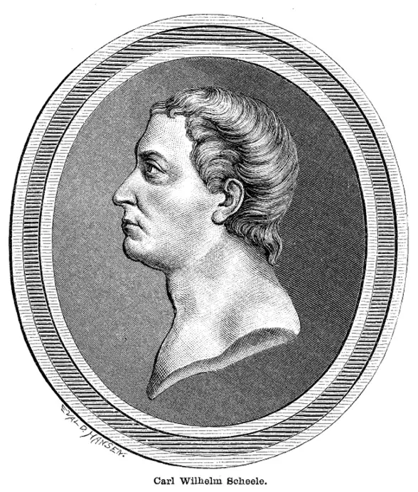 An engraved portrait, in profile, of a man with swept-back hair, in an oval frame