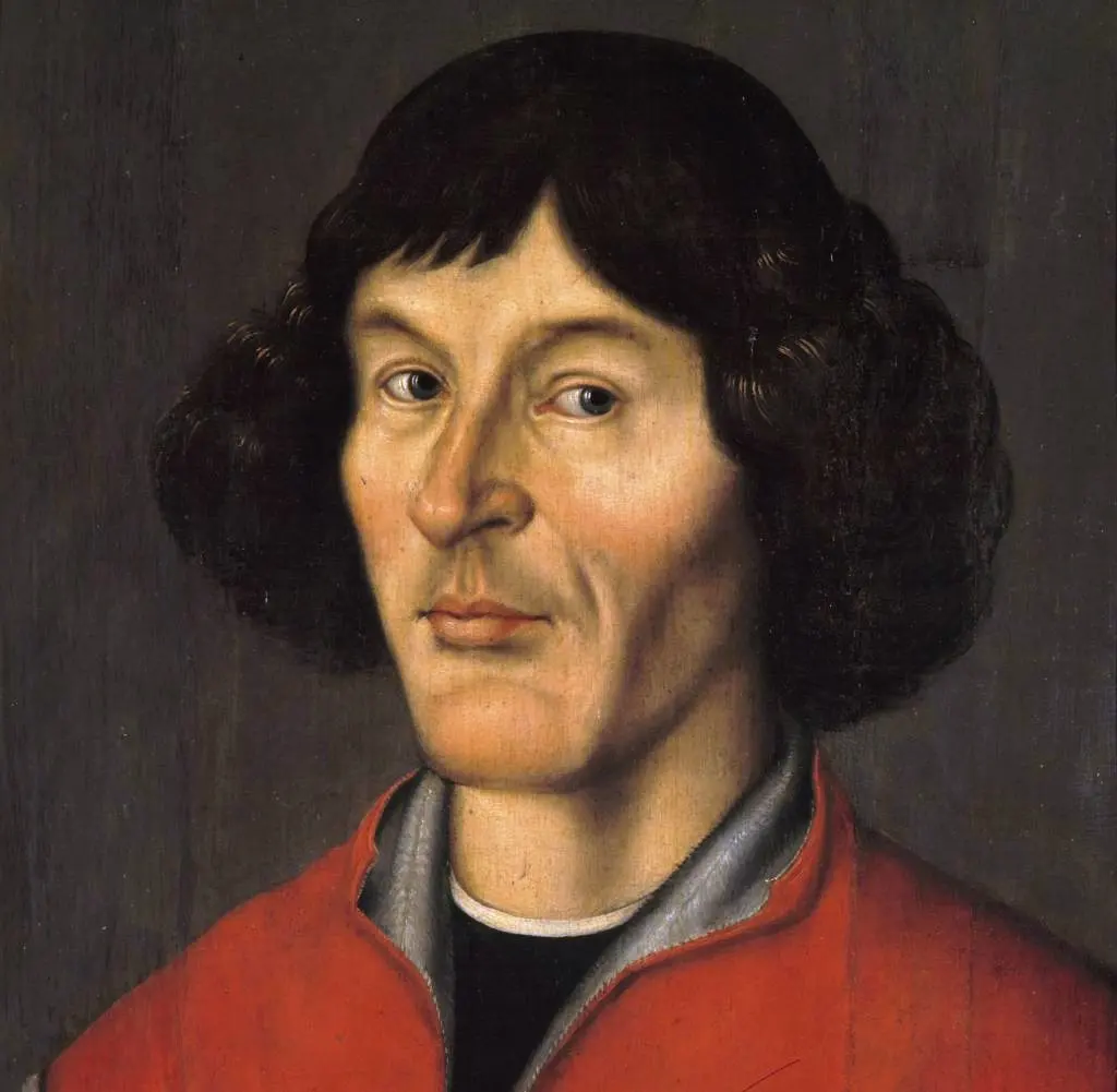 A painted portrait of a man with dark shoulder-length hair and a serious face, wearing a red coat over a dark collar