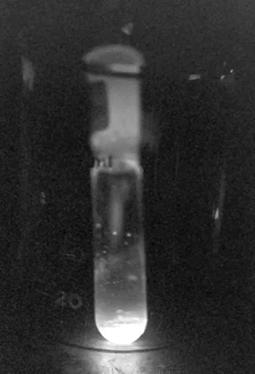 A black-and-white photo of a narrow glass tube in the dark, its rounded bottom glowing brightly and lighting up the glass