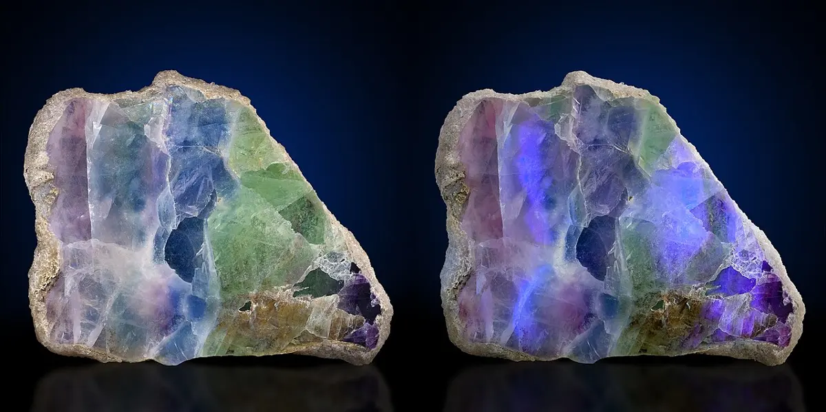 Two photos of the same slab of crystal side by side: on the left, in ordinary light, patches of clear, pale purple and green; on the right, under ultraviolet light, the same patches glowing blue and violet