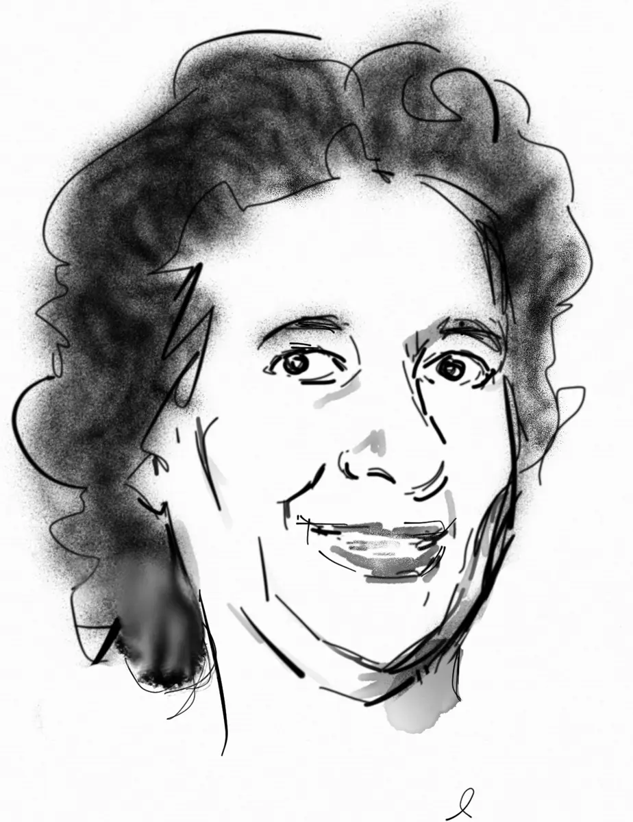 A black and white sketch of a smiling woman with short, curly dark hair