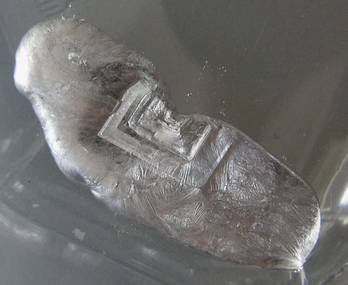 A flat lump of silvery metal in a clear plastic dish, its surface covered in fine, feathery crystal patterns, with a raised square crystal in the middle