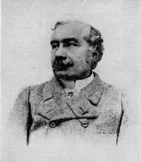 An old black-and-white portrait of a man with a mustache, in a jacket buttoned up to the collar