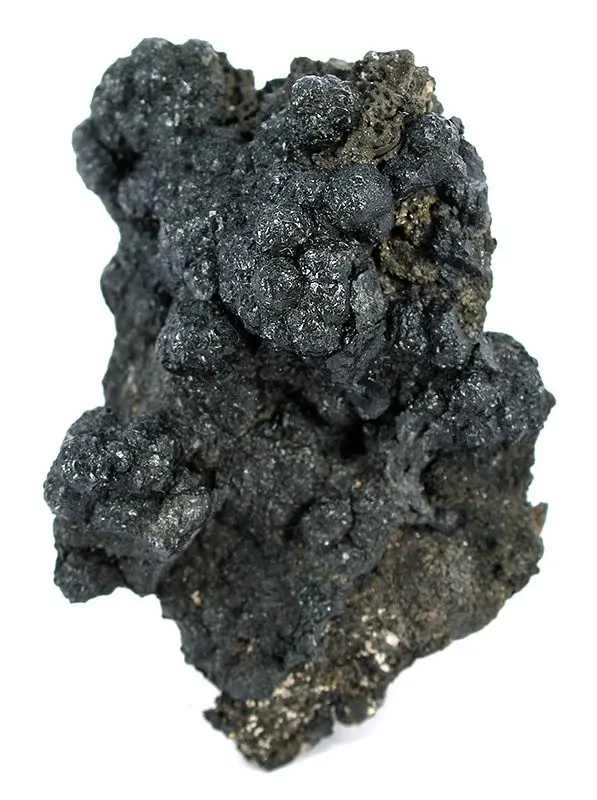 A dark gray to black lump of rock made of many small, rounded, glittering knobs