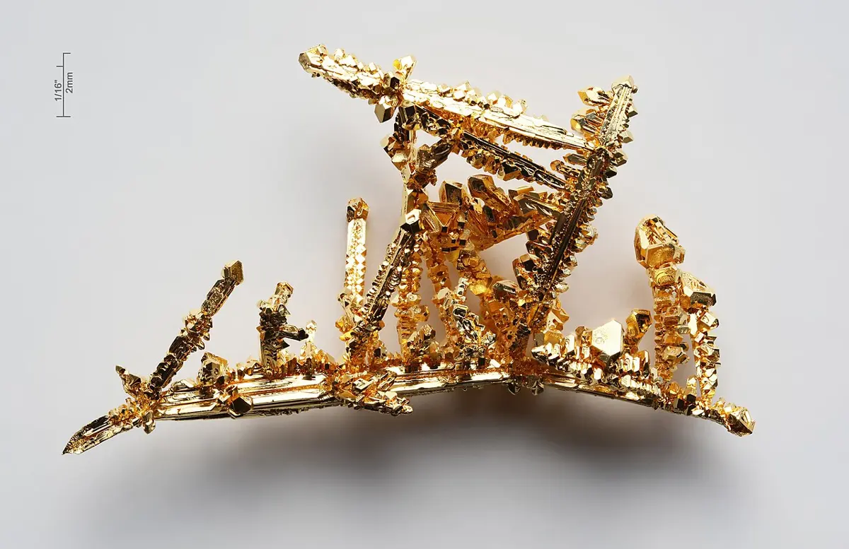 A small cluster of bright yellow metal crystals, with flat shiny faces and branching spikes, on a white background