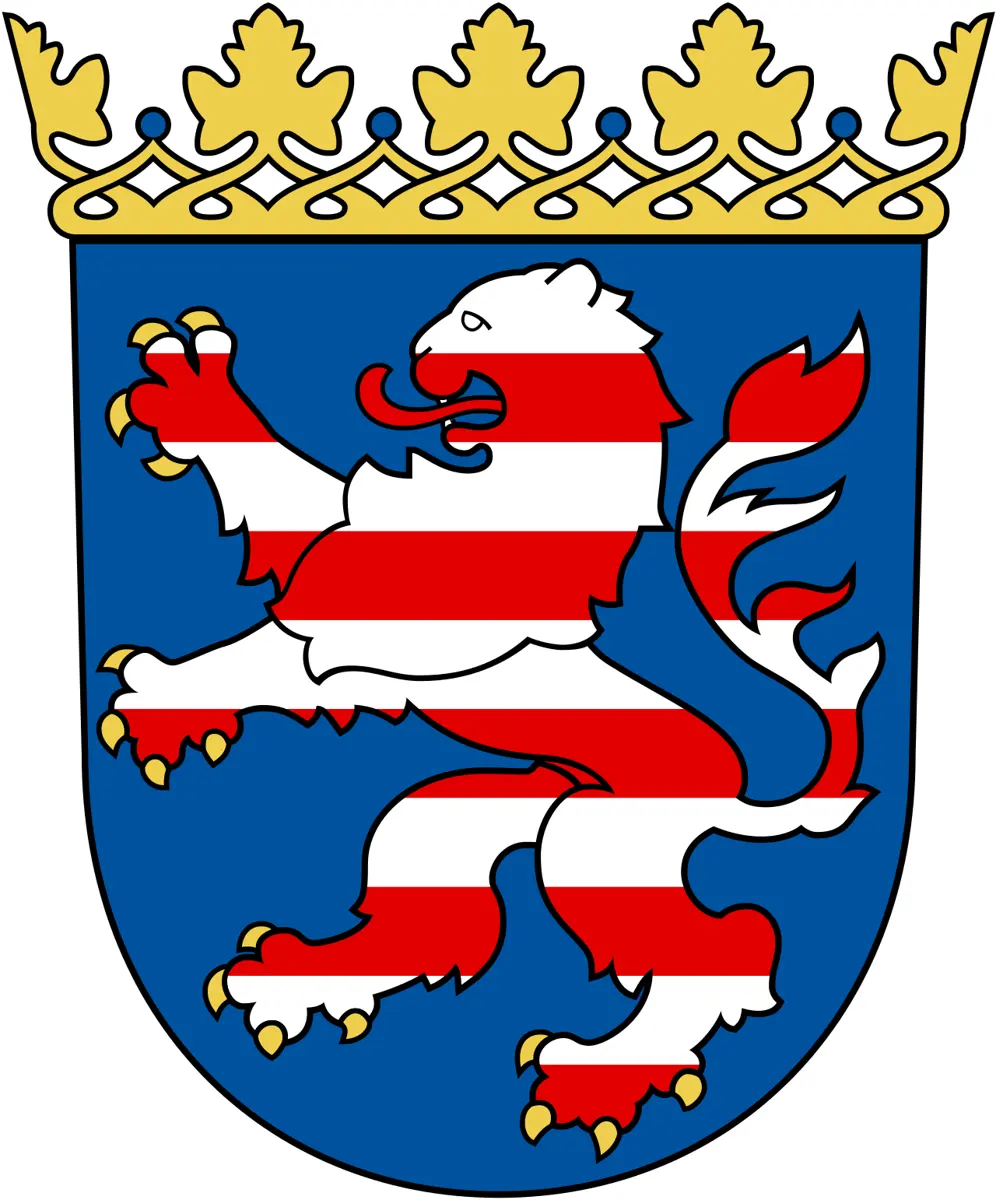 A coat of arms: a blue shield with a lion standing on its hind legs, striped red and white, with gold claws, under a gold crown of leaves