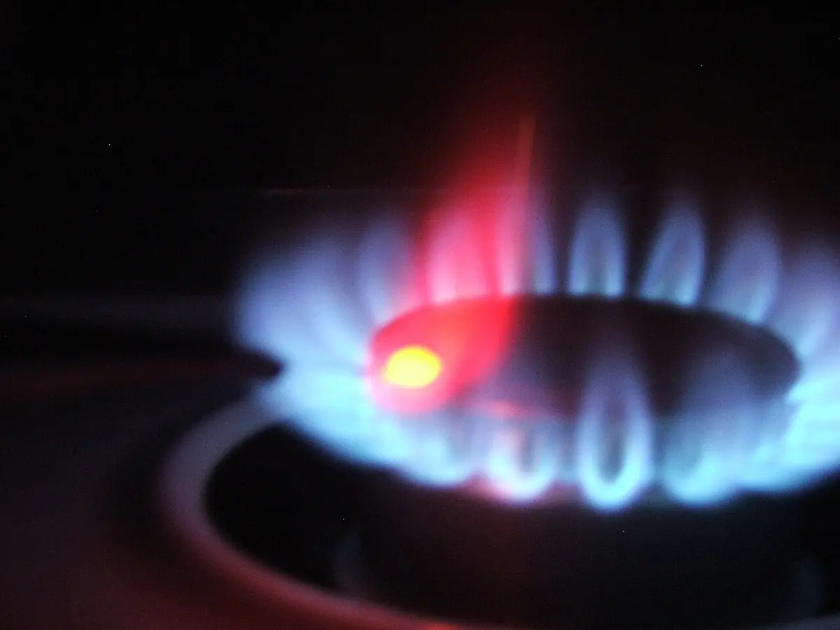 The blue flames of a gas-stove burner in the dark, with one tongue of flame colored crimson red above a glowing speck