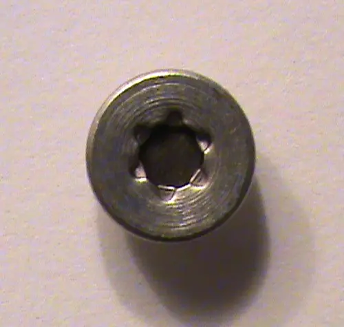 A small round metal button, about the size of a shirt button, with a dark circle in its middle surrounded by a scalloped metal edge