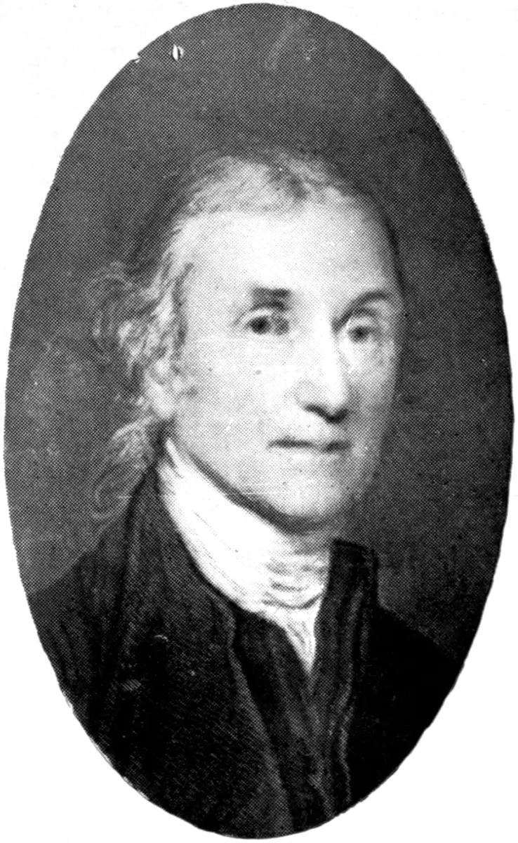 An oval black and white portrait of an elderly man with long gray hair, a dark coat and a white neckcloth
