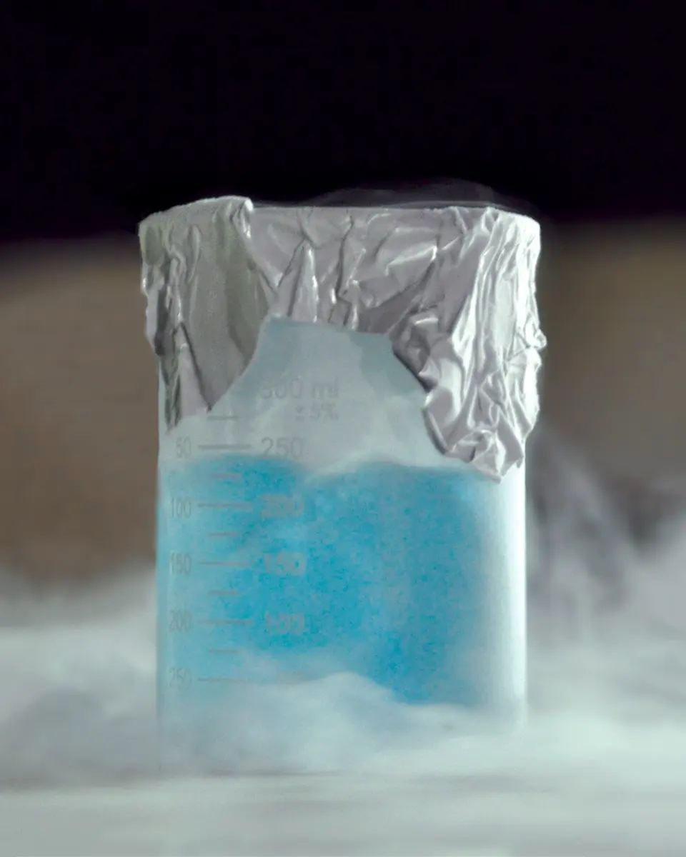 A glass beaker, its top wrapped in foil, holding a pale blue liquid, with white mist swirling around it