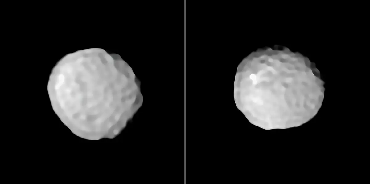 Two views of a pale gray, roughly round rocky body on a black background, its surface covered with dents
