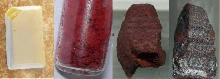 Four pictures side by side: a waxy, pale yellow block; a jar of dark red powder; a dull reddish-purple lump; a gray-black, glittering lump