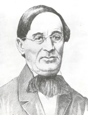 An engraving of an older man with swept-back hair and round glasses, wearing a jacket and a large bow tie