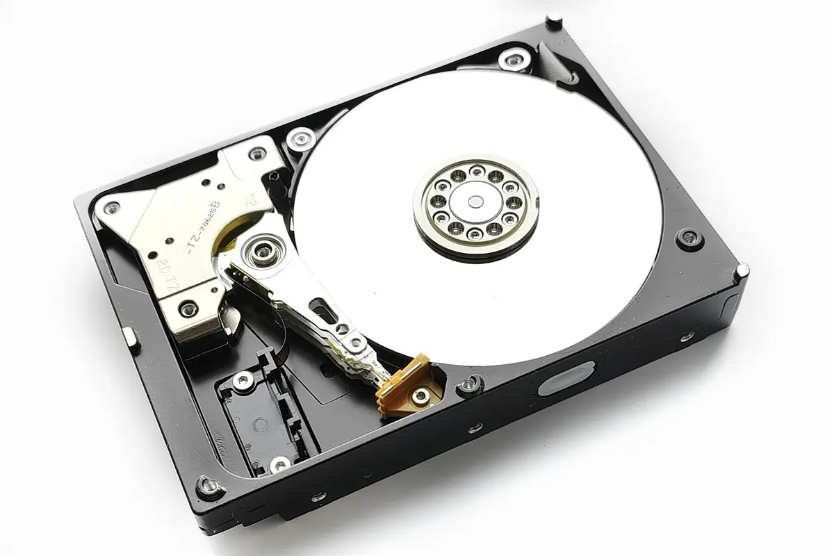 An opened hard disk drive in a black metal case: a large mirror-like silver disk, and a metal arm that reaches across it from the side