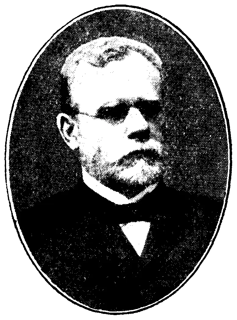 An old printed portrait, in an oval, of a man with glasses, gray hair and a short beard, wearing a dark jacket and bow tie