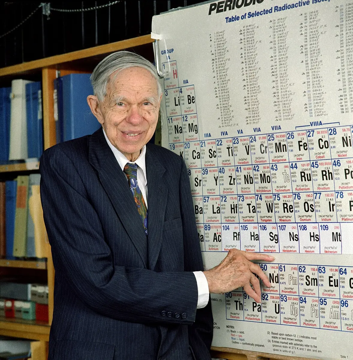 An old man with white hair, in a dark suit and patterned tie, smiling and pointing at a square on a large printed periodic table on the wall beside a bookshelf