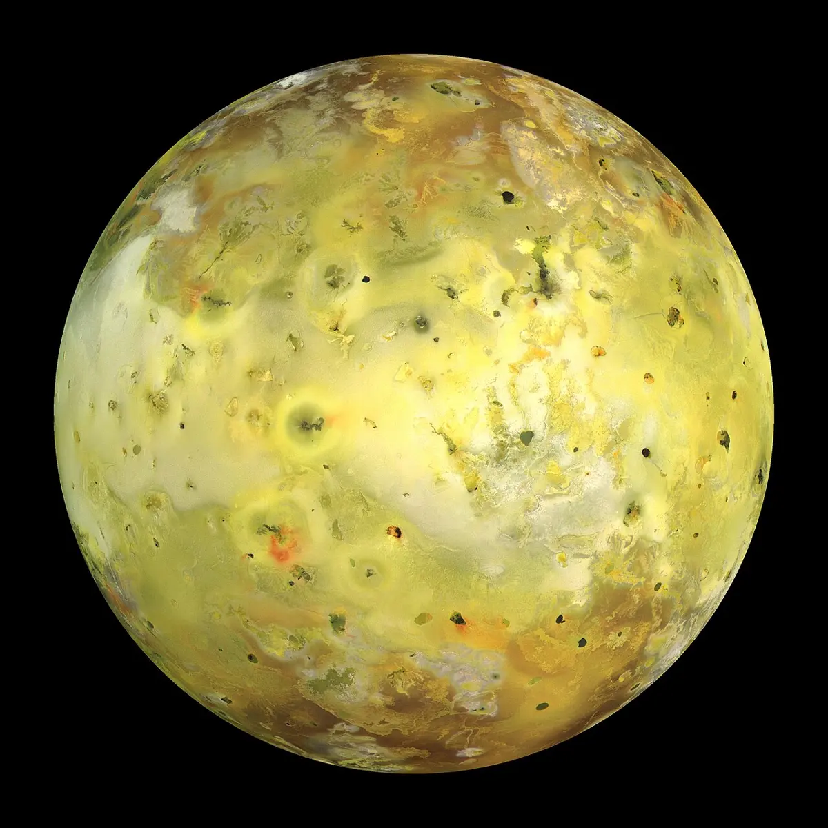 A round moon in shades of yellow, cream and orange-brown, dotted with small dark spots, against a black sky
