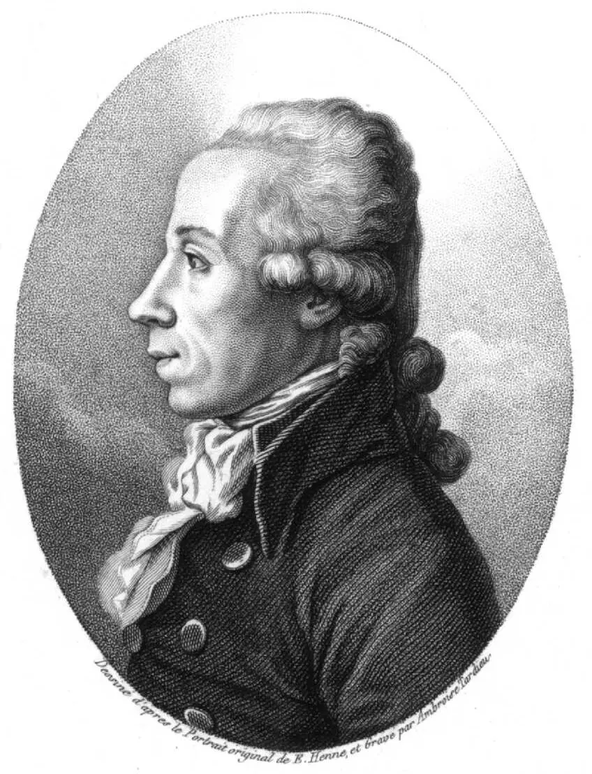 An old engraving of a man in profile, in an oval frame, with curled hair tied back, a dark coat and a white neckcloth