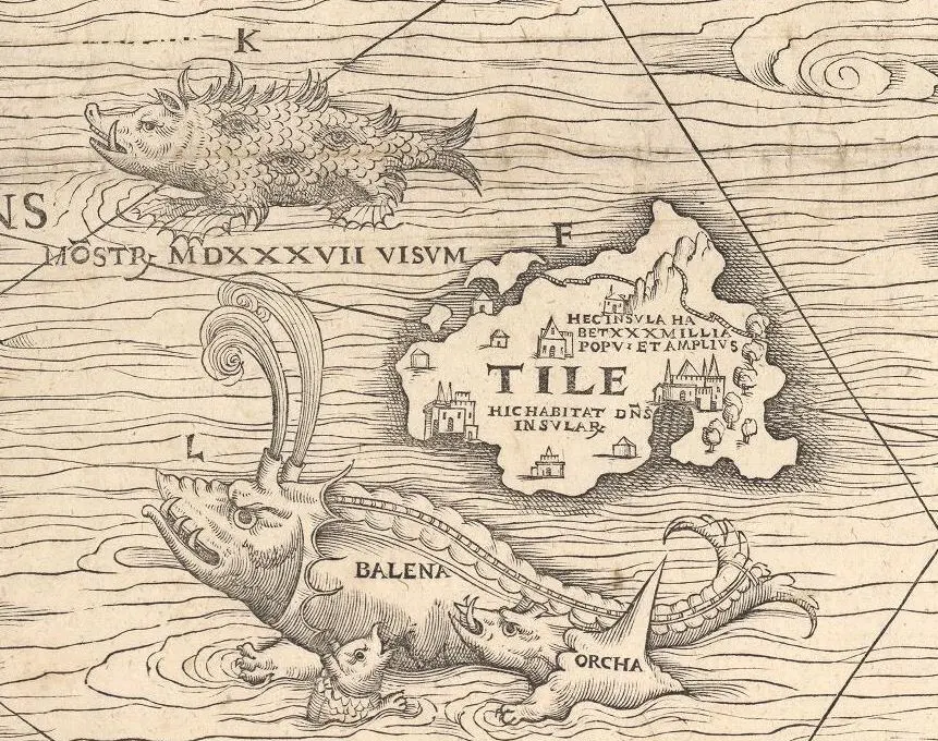 Part of an old printed map: an island labeled TILE, with small castles and houses on it, in a sea of wavy lines with a horned sea monster and a whale around it