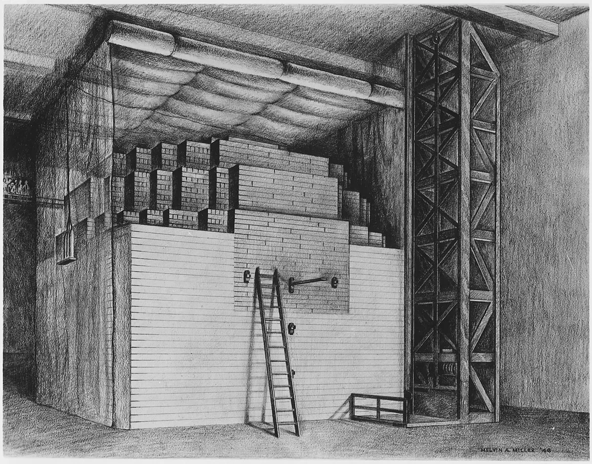 A pencil drawing of a huge stack of dark blocks in a room, with a ladder leaning against it and a tall steel frame beside it