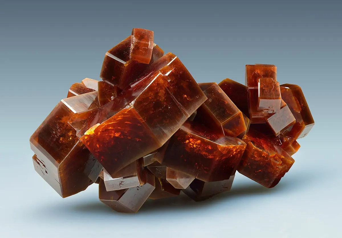 A cluster of glassy, dark red-orange crystals, each a short six-sided block, piled on one another