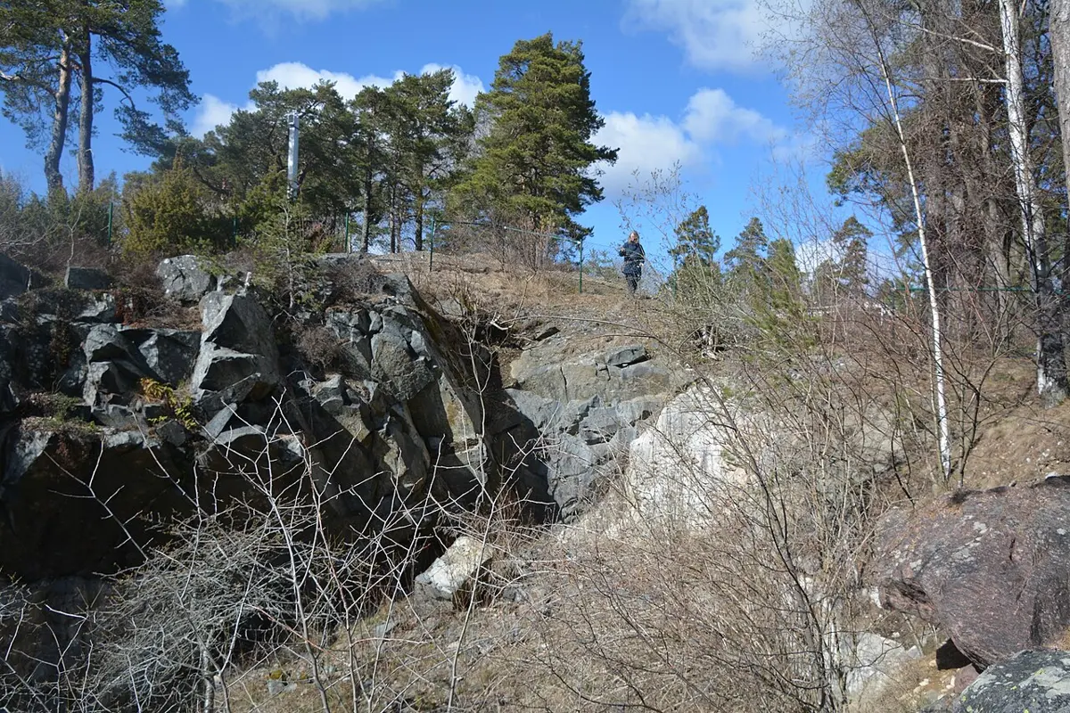 A rocky hollow of gray and white stone among bare bushes and pine trees, with a fence and a person standing at the top, under a blue sky