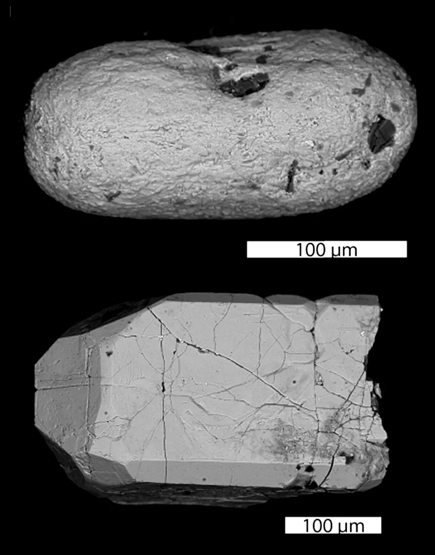 Two gray grains seen under an electron microscope: above, a rounded, pitted grain like a pebble; below, a cracked crystal with flat faces and sharp edges, each with a 100 micrometer scale bar