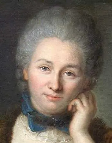 A painted portrait of an eighteenth-century woman with powdered gray hair and a blue ribbon at her neck, resting her chin on her hand