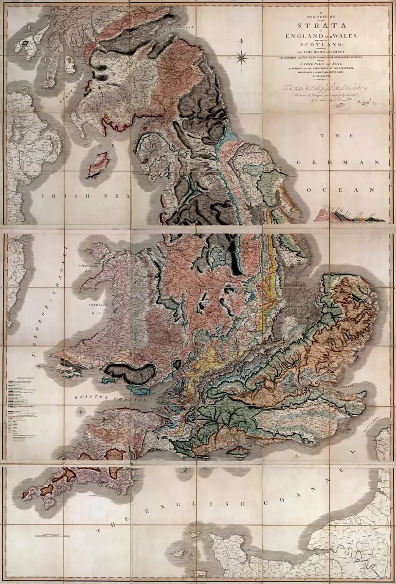 An old map of England and Wales colored in many bands of pink, green, yellow, brown and gray, each color a different layer of rock