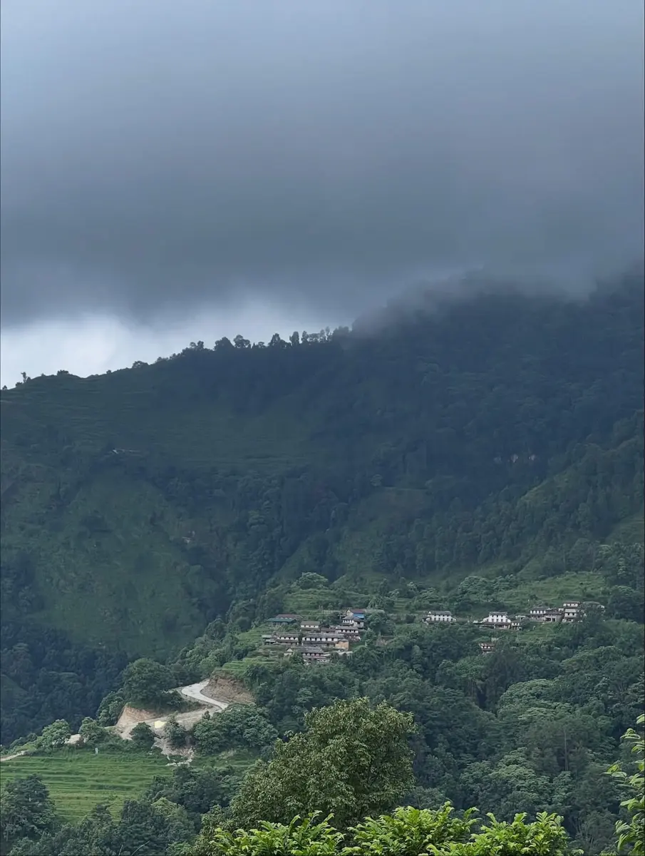 A steep green hillside covered with forest and terraced fields, with a small village of houses, under a heavy gray sky of low monsoon clouds