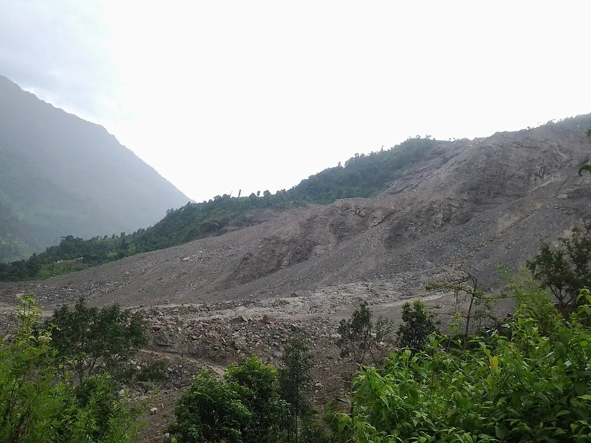 A huge gray slope of loose rock and mud spread across a green hillside under a cloudy sky, with trees at its edges