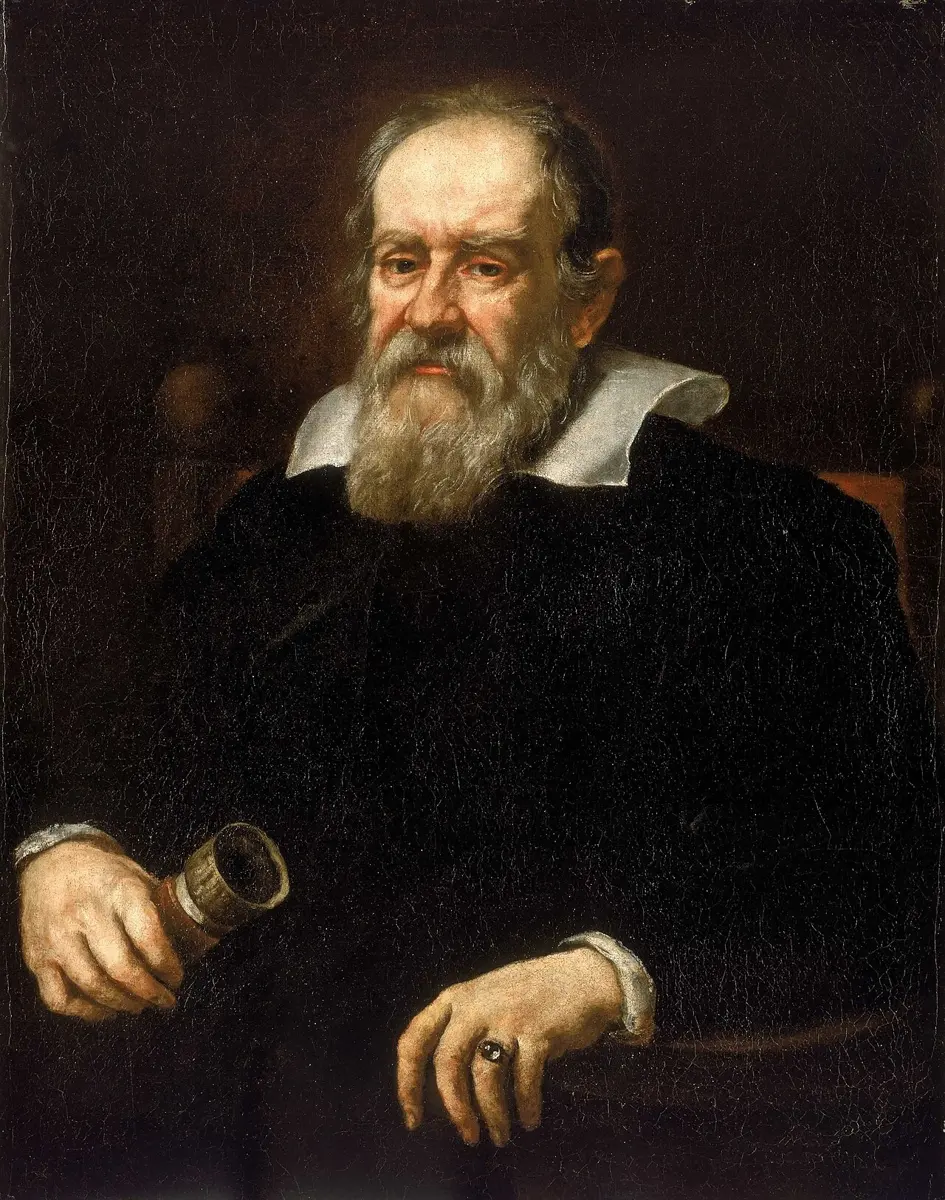 A painted portrait of an old man with a white beard, in a dark coat, holding a small telescope