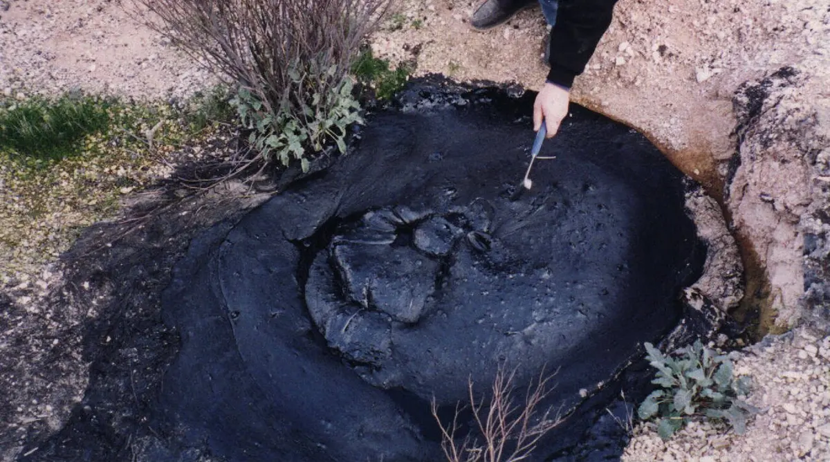A round pool of black, sticky tar on bare ground, with a person's hand dipping a knife into it, and a small bush at its edge