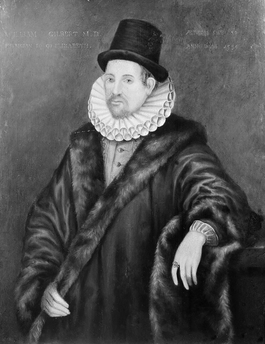 An old painted portrait of a man with a short beard, a tall black hat, a wide white ruff collar and a fur-trimmed gown