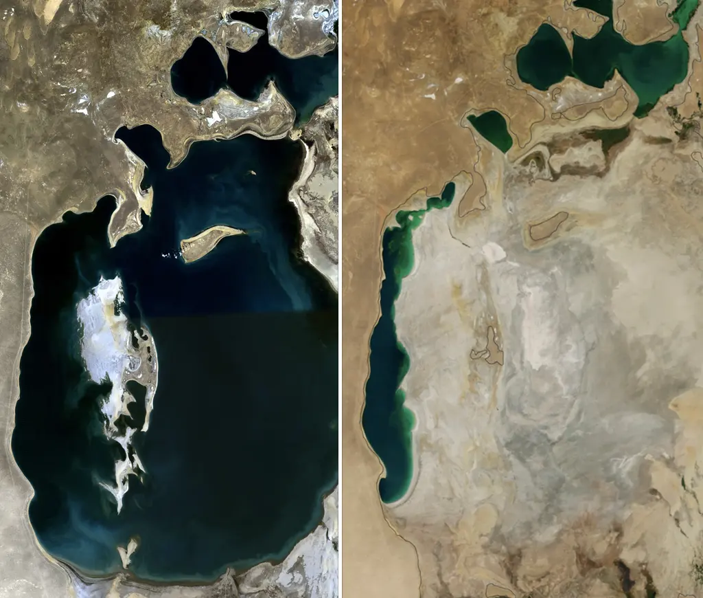 Two satellite pictures side by side: on the left a large dark-blue lake, on the right the same place mostly pale dry ground with a thin strip of water down its left side and a small lake at the top