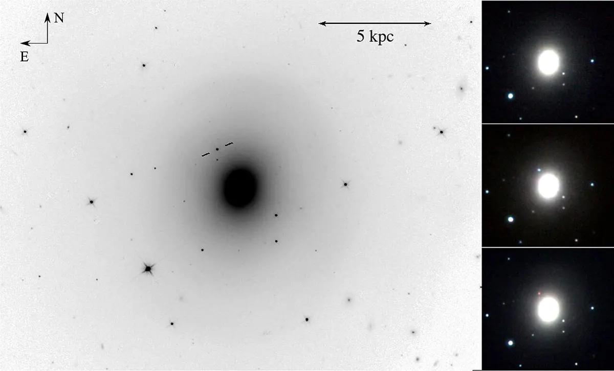 Left, a large black-and-white negative of an oval galaxy, dark on a light background, with a tiny dot between two short marks just above its center. Right, three small color photographs of the same galaxy, one above the other: in the middle one a new point of light has appeared beside the galaxy’s center, and in the bottom one it is fainter and red