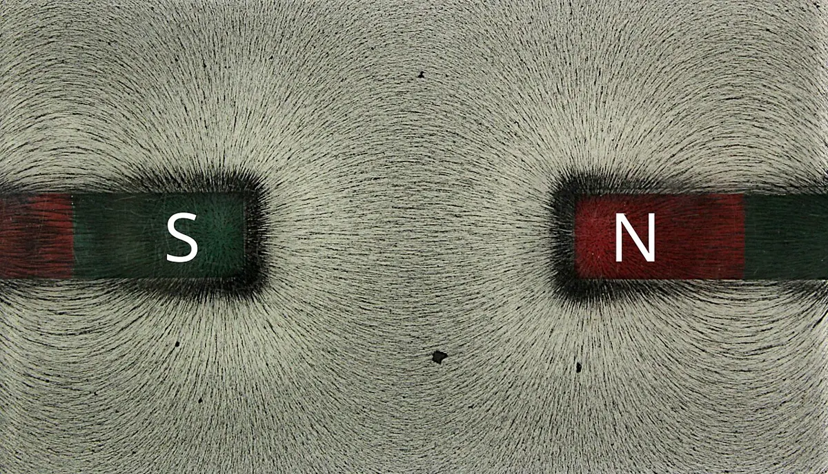 Iron filings on a white sheet over two bar magnets placed end to end with a gap between them; the filings form lines that run across the gap from one magnet to the other, and curves looping round the outside
