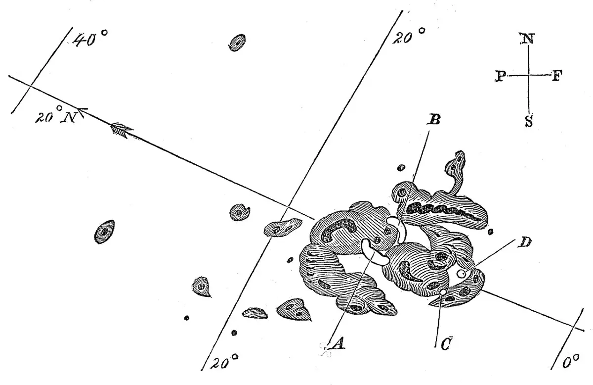 An old pen drawing of a large, irregular group of sunspots, with the places of two bright flashes marked by letters