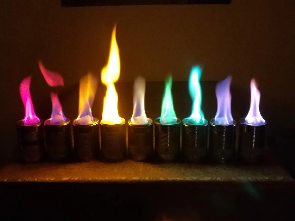 Nine small tins in a row, each with a flame of a different color: pink-red, red, orange, bright yellow, pale violet, green, blue-green, lilac and pale purple
