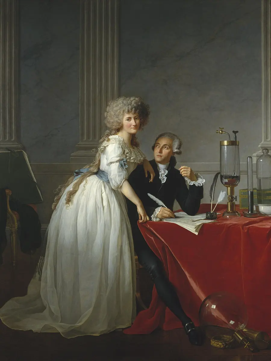 A painting of a man in black seated at a table with a red cloth and glass laboratory apparatus, writing, as a woman in a white dress leans on his shoulder and looks out at the viewer