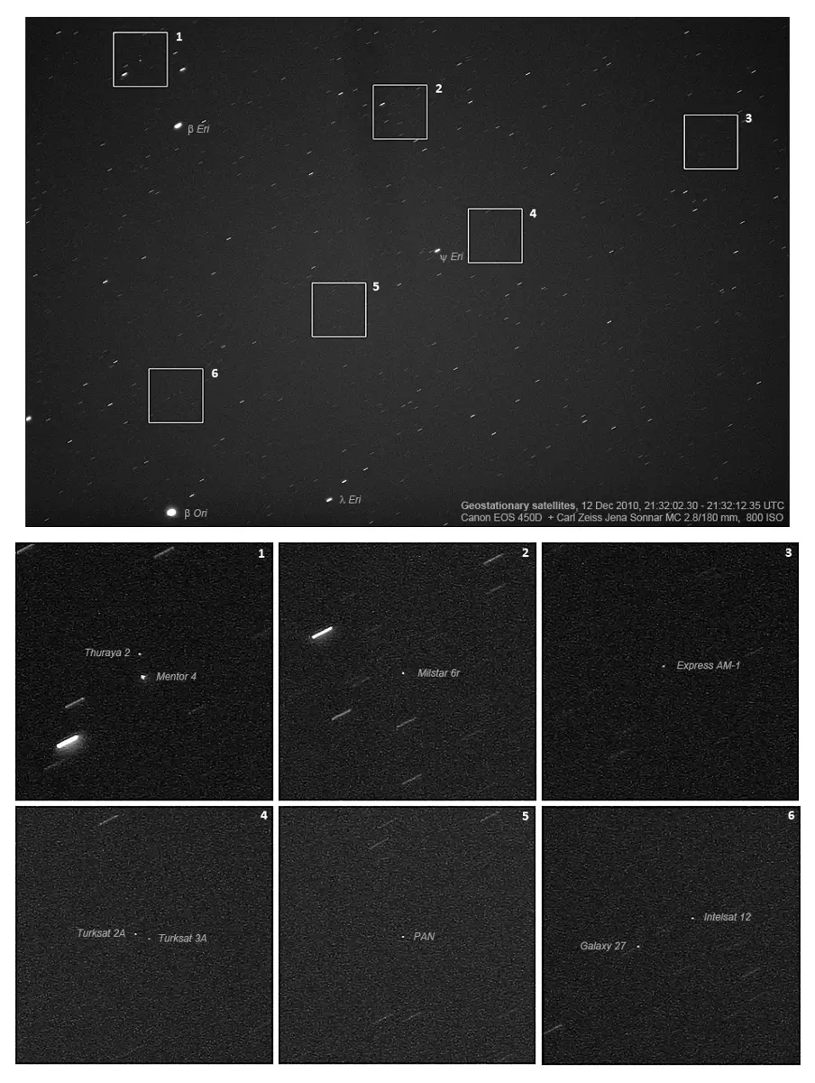 A dark star field full of short slanting streaks, with six boxes marked on it; below, the six boxes enlarged, each showing one or two sharp dots labeled with satellite names such as Thuraya 2, Turksat 3A and Intelsat 12